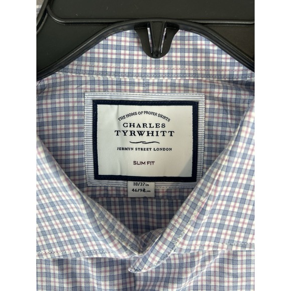 Charles Tyrwhitt Shirt Mens‎ 18/37 Pink Blue Micro Check Slim Fit - Picture 2 of 7